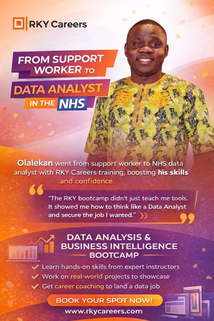 RKY Careers Poster showing how Olalekan moved from support worker to data analyst in the NHS